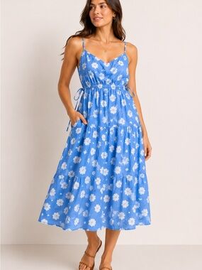 Universal Thread Blue Floral Tiered Midi Dress with Spaghetti Straps